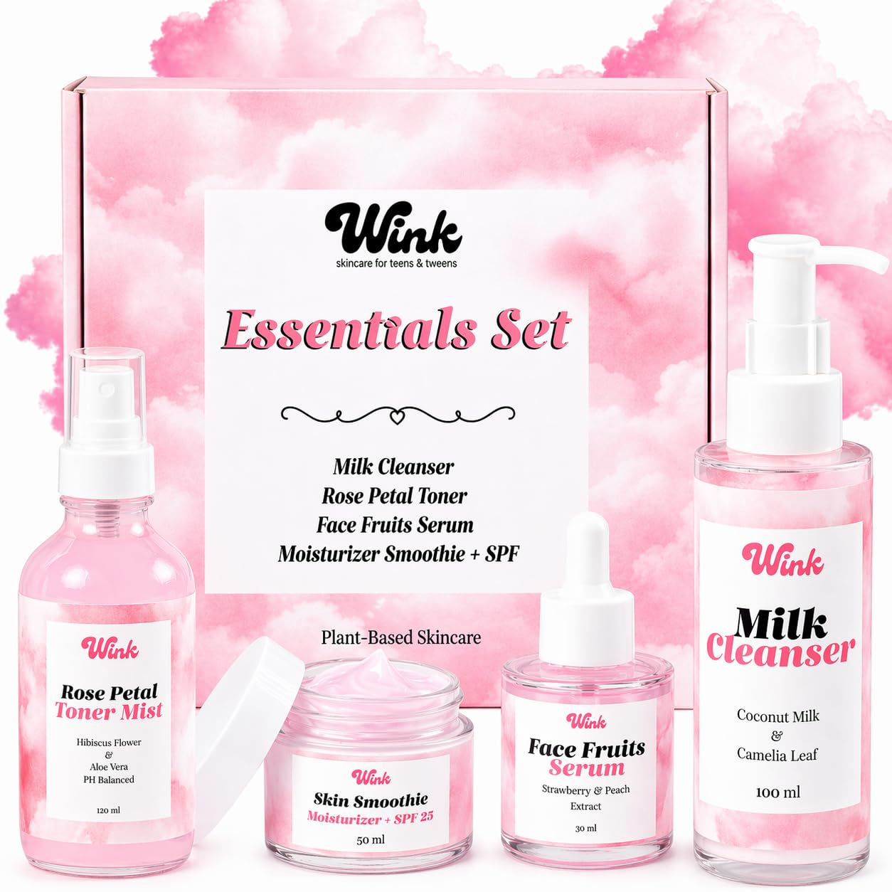 Wink Skin Care Kit for Teens - Plant-Based 4-Piece Facial Set with Cleanser, Toner, Serum & SPF Moisturizer | Ideal for Girls & Tweens