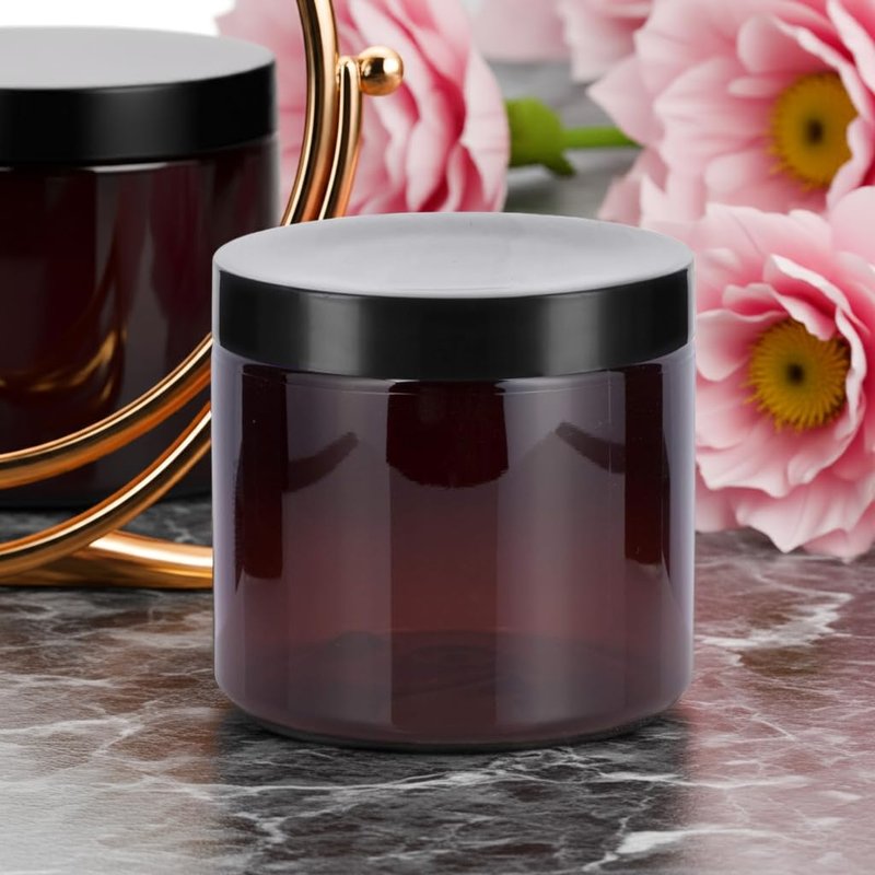 JUVITUS 16 oz Amber PET Plastic Refillable Jar With Black Smooth Lid (12 pack)