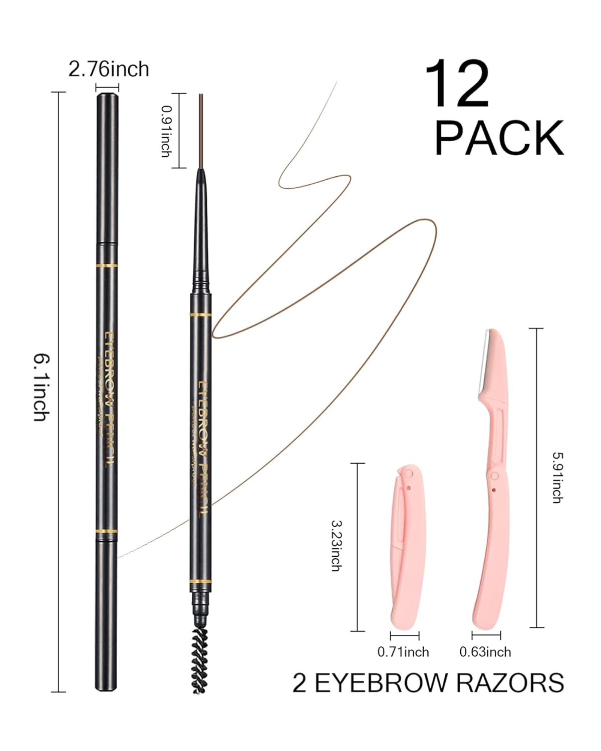 Dark Brown Eyebrow Pencils - 12 Ultra Slim Micro-Fine Tip Set with 2 Brow Razors & Spiral Brush | Long-Lasting Makeup