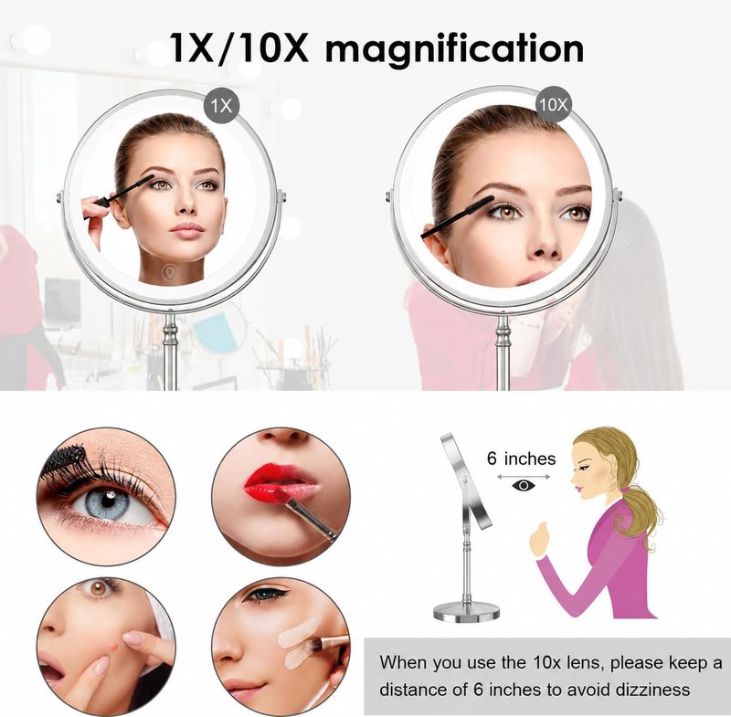 Double-Sided Makeup Mirror - 3000mAh Rechargeable Vanity Mirror with 3 Color Modes | 1X/10X Magnification, Adjustable Brightness