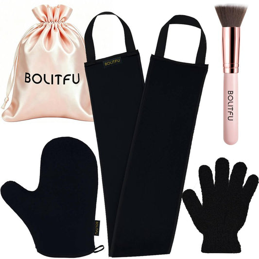 4 Pack Self Tanning Mitt Applicator Kit, with Self Tanner Mitt, Self Tan Back Applicator, Exfoliating Glove, Flat Top Face Tanner Brush, Tan mit for Self Sunless Tanner (black)