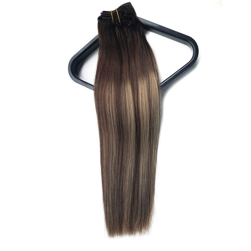 Clip In Human Hair Extensions - 18" Double Weft Brazilian Hair, 8Pcs 140g Set | Highlighted #4 Medium Brown & #24 Auburn