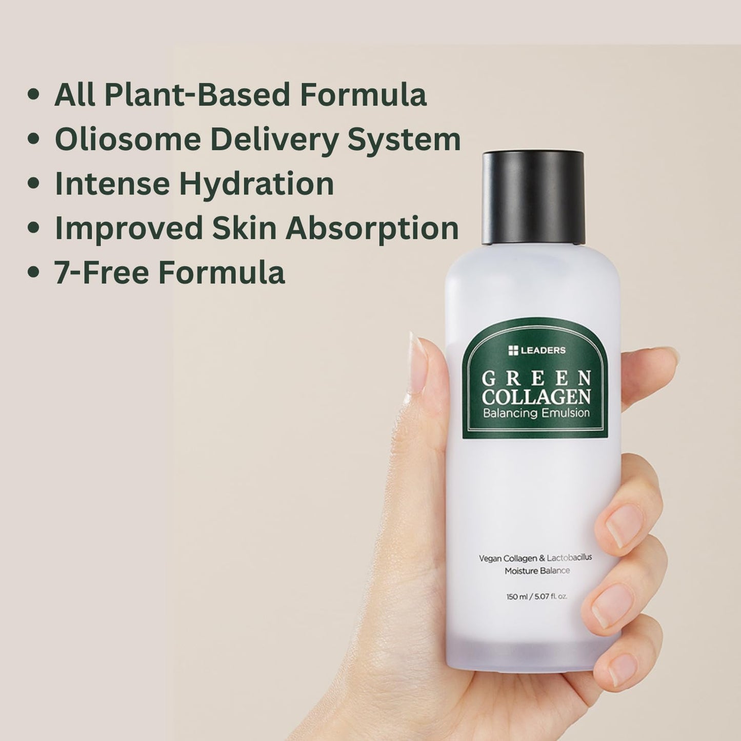 LEADERS Green Collagen Balancing Emulsion – Hydrating Emulsion to Balance Skin's Oil and Moisture Levels & Helps Hydrate Dry Skin, Gentle Plant Based Formula – 150ml
