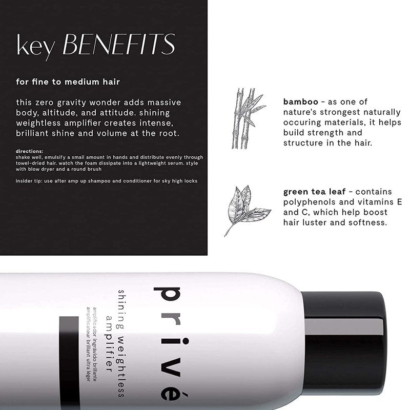 Privé Shining Weightless Amplifier Hair Mousse - Volumizing Mousse for Hair Volume with Bamboo & Green Tea for Root Lift, Shine & Strength - Helps Add Body to Dull, Flat Strands (6.85 oz)