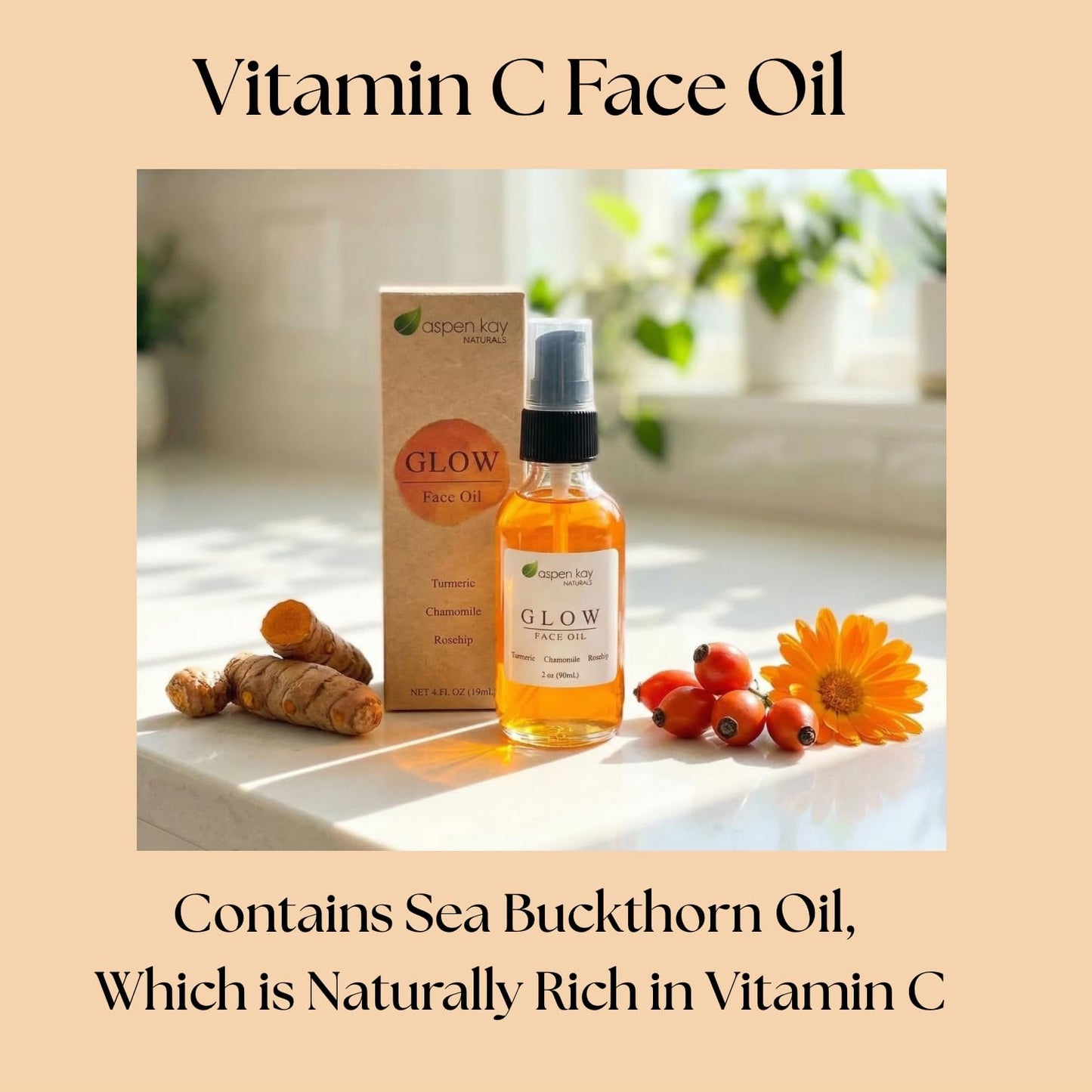 Aspen Kay Naturals Glow - Turmeric & Rosehip Face Oil | Organic Moisturizer & Serum - 2 oz