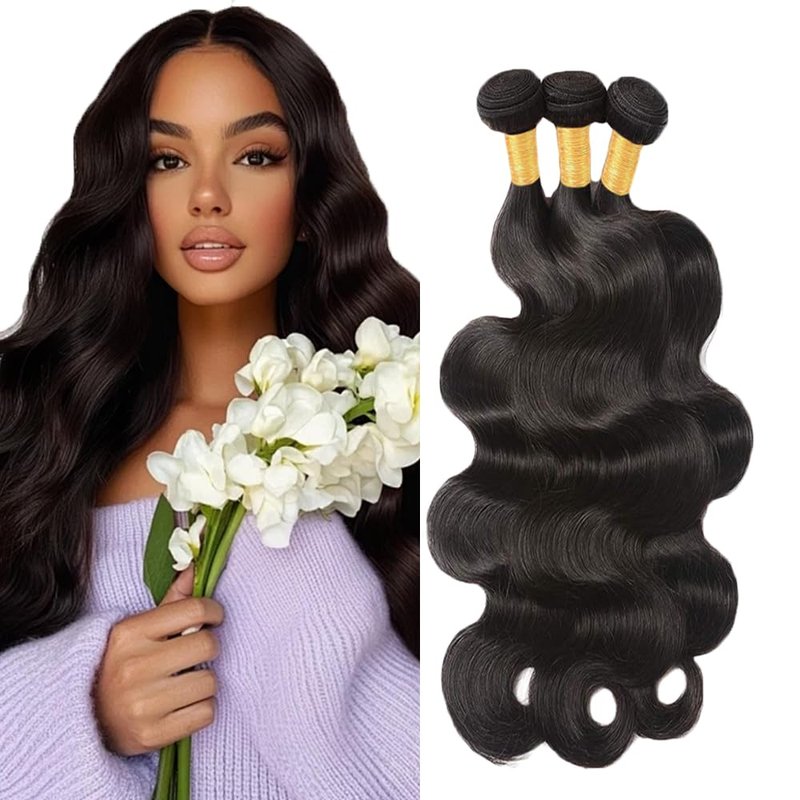 #1B Human Hair Bundles Body Wave Bundles 18 20 22 Inch Natural Color Body Wave Bundles 3 Bundles Human Hair Extensions Double Weft Unprocessed Brazilian Virgin Hair 50 Grams Per Bundle
