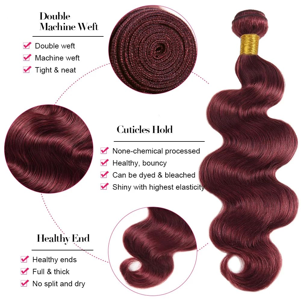 Burgundy Bundles Human Hair Body Wave Bundles 26 Inch #99J Wine Red Bundle Human Hair Extensions Unprocessed Virgin Remy Hair 1 Bundle 50 Gram Per Bundle