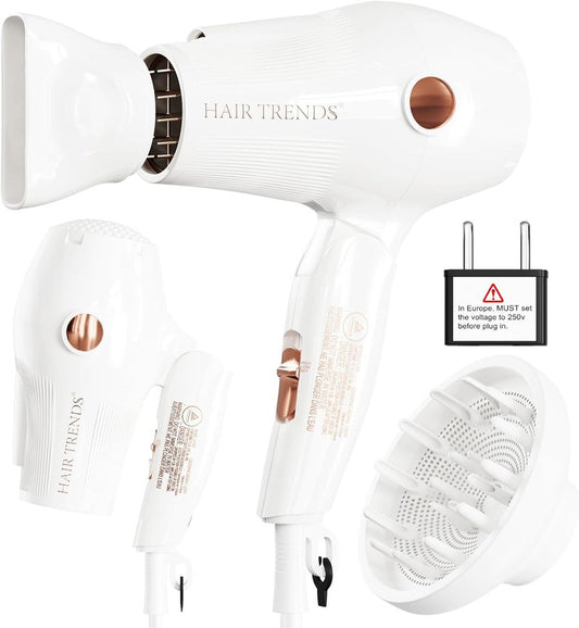 Mini Travel Hair Dryer with Diffuser & Concentrator - Dual Voltage 110-250V | Portable for European Travel