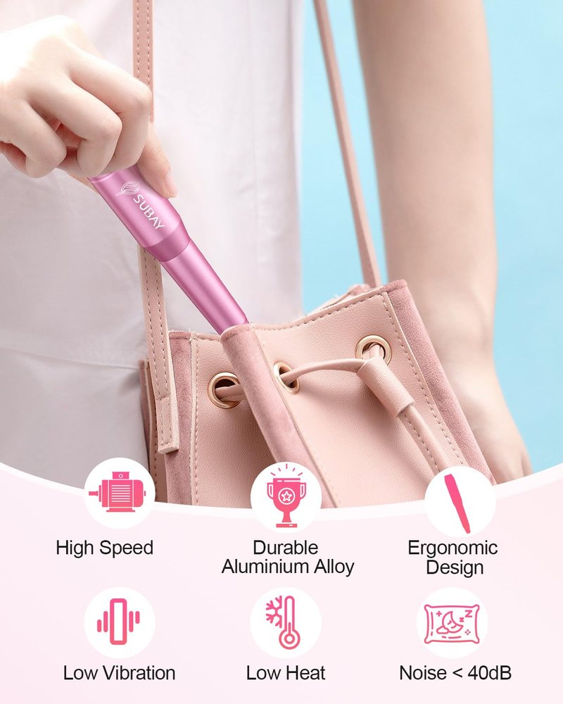 Electric Nail Drill - Portable Manicure & Pedicure Tool for Acrylic Gel Nails | 6 Bits & 26 Sanding Bands - Pink