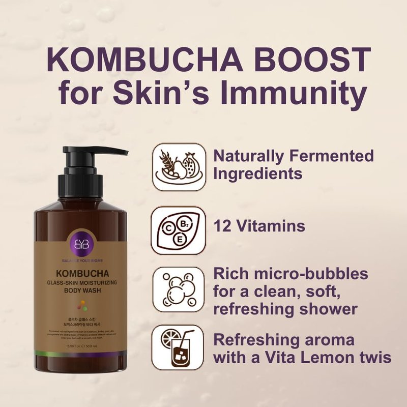 Kombucha Glass-Skin Body Wash - K-Beauty Nourishing Cleanser with Pear Juice & Pomegranates | 16.9 fl. oz.