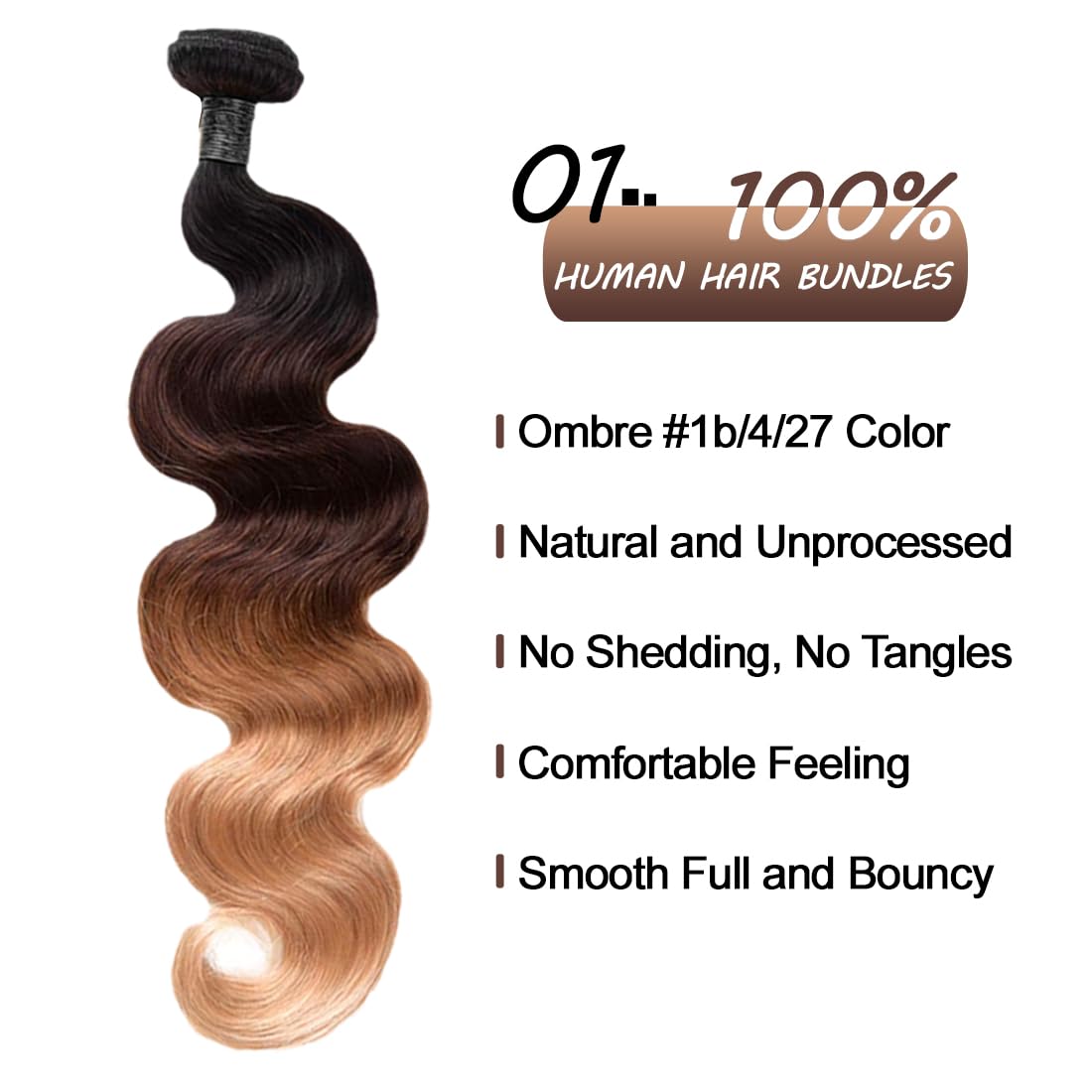 100% Unprocessed Virgin Ombre Human Hair Bundles T1b/4/27 Three Tone Body Wave Bundles 12A Raw Human Hair One Bundle 14 Inch Ombre Blonde Wavy Bundles Quick Weave Hair Extensions with Thick Ends