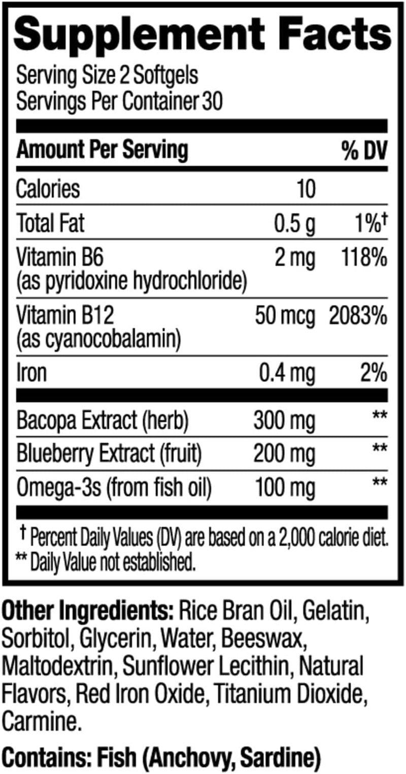 OLLY Ultra Strength Brain Softgels - Nootropic Support for Memory, Focus & Concentration | Omega-3s, Vitamins B6 & B12, 60 Count