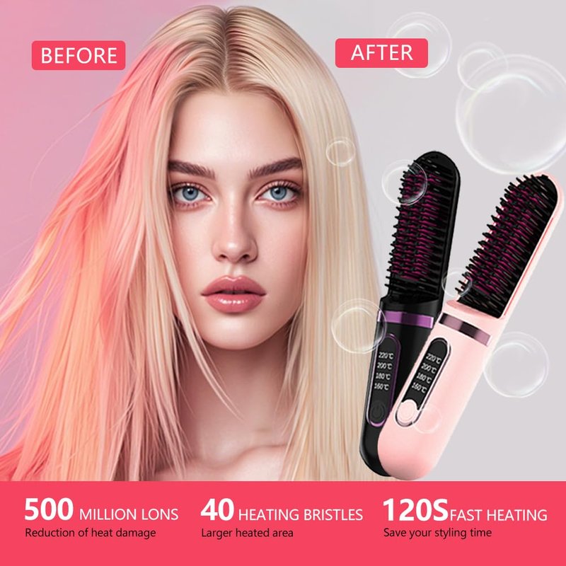 Cordless Hair Straightener Brush, Portable Straightening Brush for Women, Mini Negative Ion Hot Comb for Travel, 30Mins Auto-Off, USB Rechargeable, Fast Heating 4 Temperature Settings(Pink)