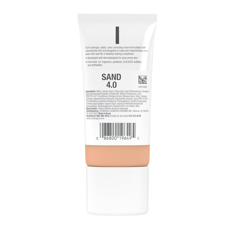 Neutrogena Clear Coverage CC Cream - Flawless Matte Face Makeup with Niacinamide | Oil-Free, Hypoallergenic, Sand, 1 oz