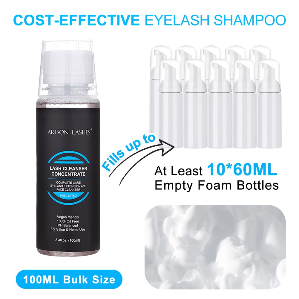 Lash Shampoo Concentrate - Foaming Eyelash Cleanser for Extensions | 100ml Makes 20 Bottles of 60ml (Unscented)