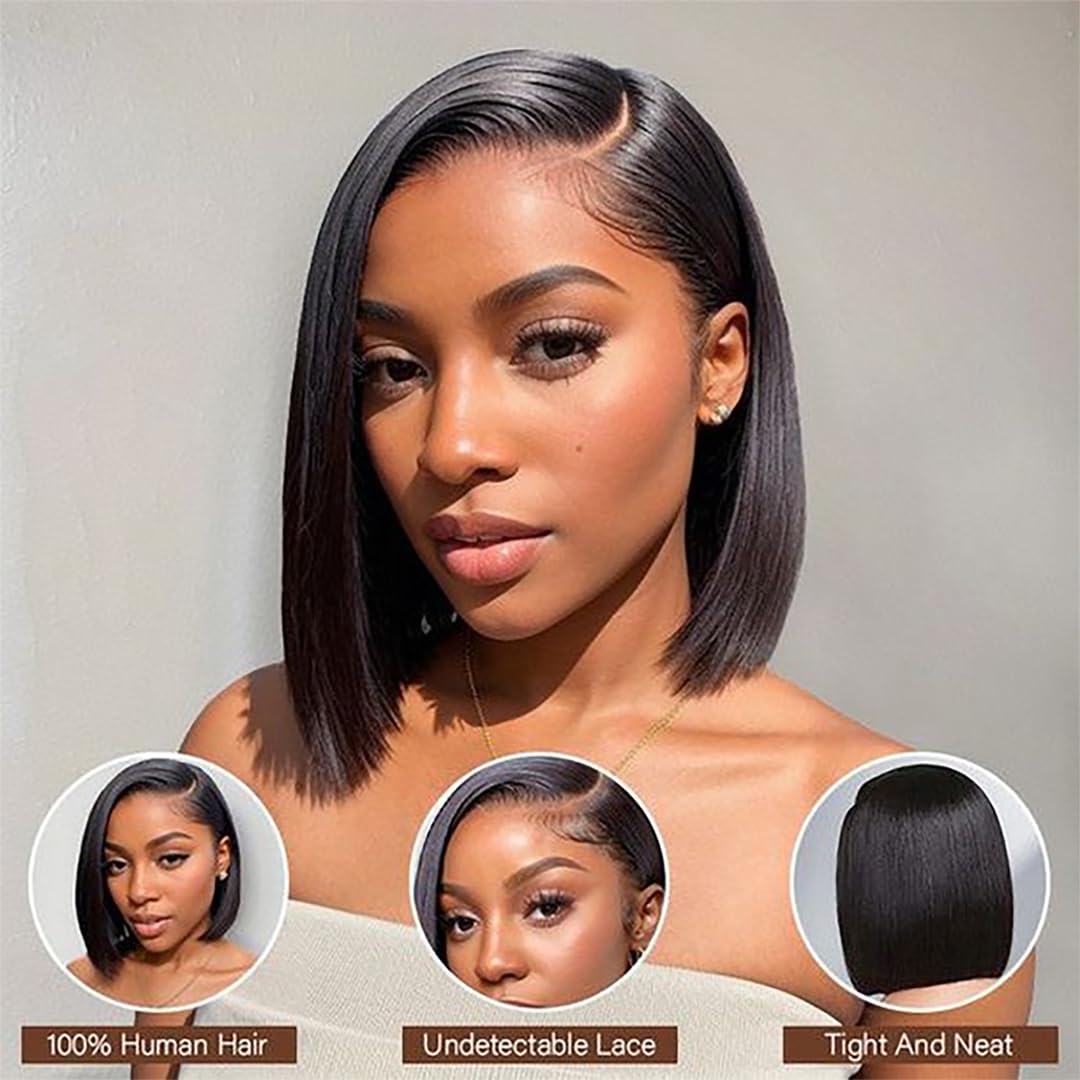 Bob Wig Human Hair 13x6 Frontal Lace Wig Transparent Lace Front Wigs Human Hair Straight Short Human Hair Wigs for Black Women Glueless Wigs Pre Plucked (Natural Color 13x6 Straight Bob, 10 Inch)