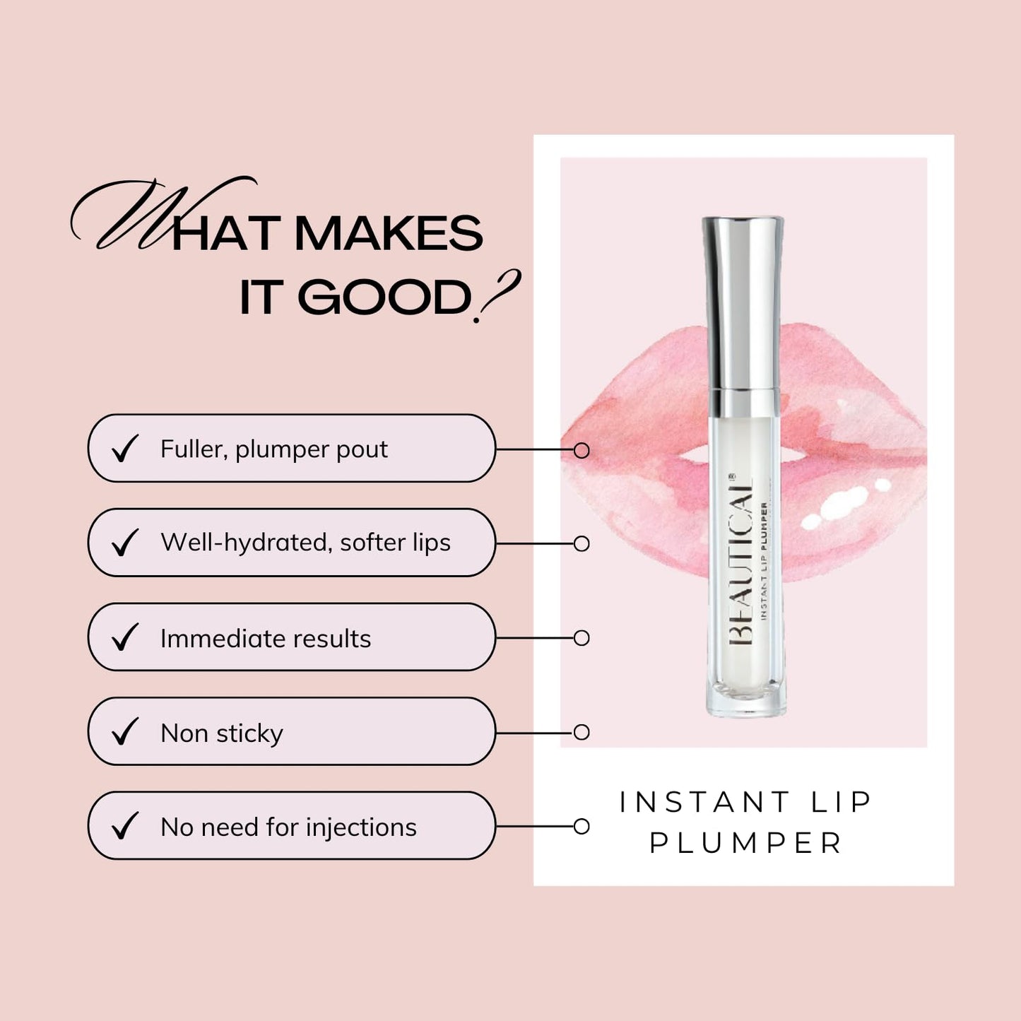 BEAUTICAL Instant Lip Plumper, Hydrating Lip Serum with Hyaluronic Acid, Guarana & Horse Chestnut Extract, Non-Sticky Moisturizing Lip Plumping Gloss, Anti-Aging Lip Care, 5ml