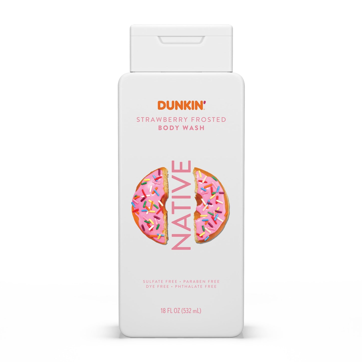 Native Body Wash, Dunkin Stawberry Frosted, Contains Naturally Derived Ingredients | For Women & Men, Sulfate, Paraben, & Dye Free Leaving Skin Soft and Hydrated | 18 oz