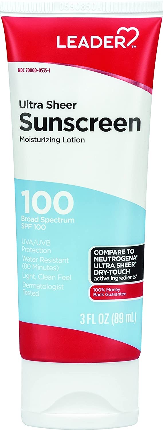 LEADER Travel Sunscreen SPF 100+, Ultra Sheer Dry-Touch Water Resistant and Non-Greasy Lotion with Broad Spectrum SPF 100+, 3 Fl Oz (3 Pack)