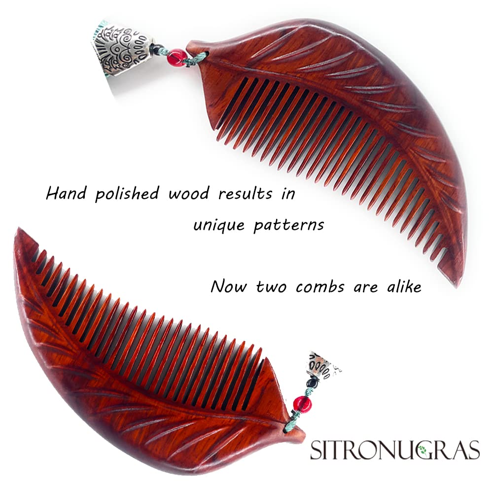 Sitronugras Wooden Comb For Women - Carved Craft Natural Boxwood Hair Comb - No Static Fine Tooth Wood Comb with gift box (leaf)