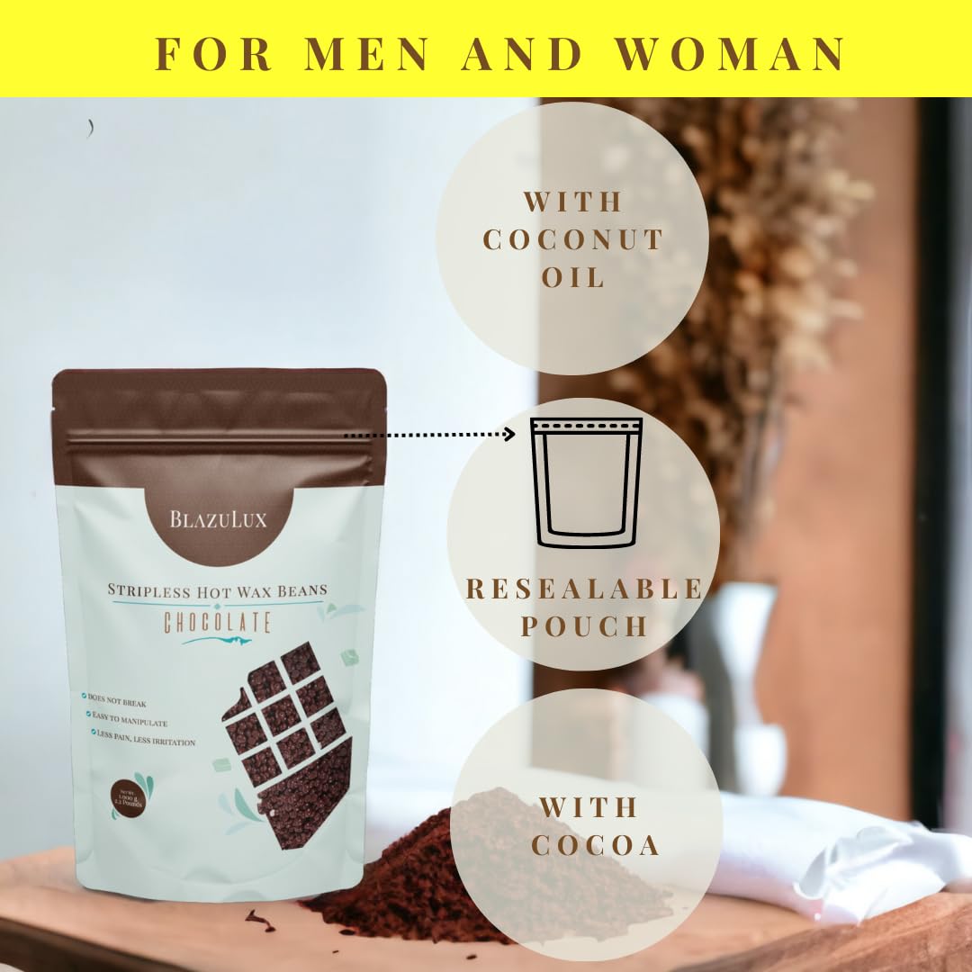 Blazulux Wax - Chocolate 1000g Hard Wax Beans for Hair Removal, Stripless, for Brazilian Bikini, Face, Eyebrows, Underarms, Arms, Chest, Back, Legs