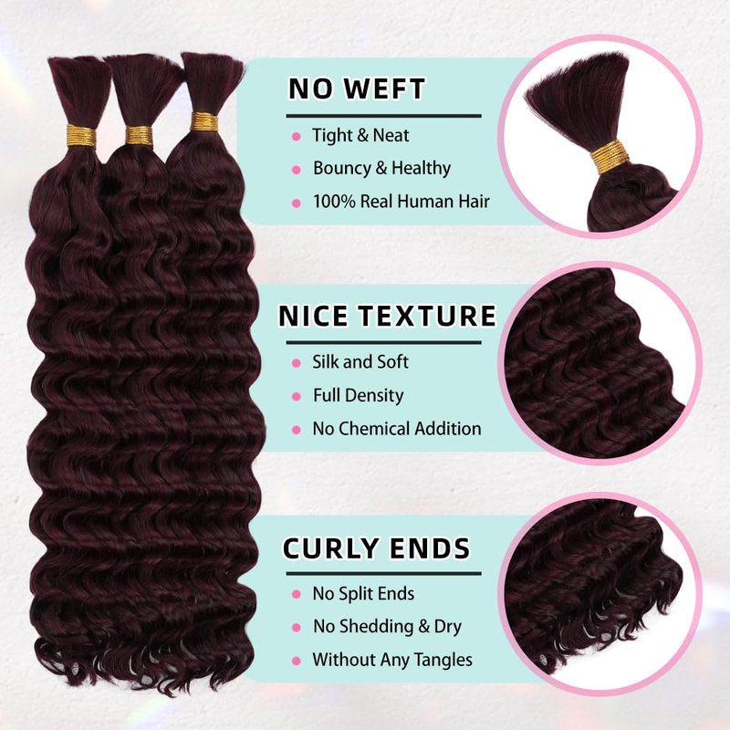 18 Inch Deep Wave Human Braiding Hair for Boho Braids – 50g 1 Bundles/Pack 99J Burgundy 100% Unprocessed 12A Brazilian Virgin Human Hair Bulk, No Weft, Wet & Wavy Curly Extensions