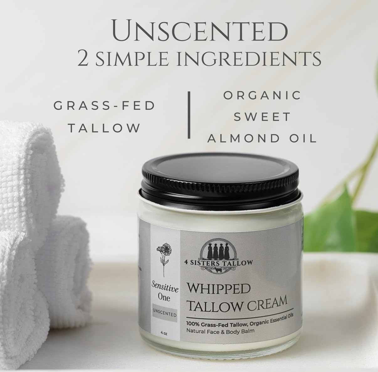 100% Grass Fed Beef Tallow For Face & Skin - All Natural Tallow Face Cream - Whipped Moisturizer Lotion - Made in USA - 100% Organic Essential Oils - Lrg 4 Fl Oz - For Sensitive Skin - (Unscented)