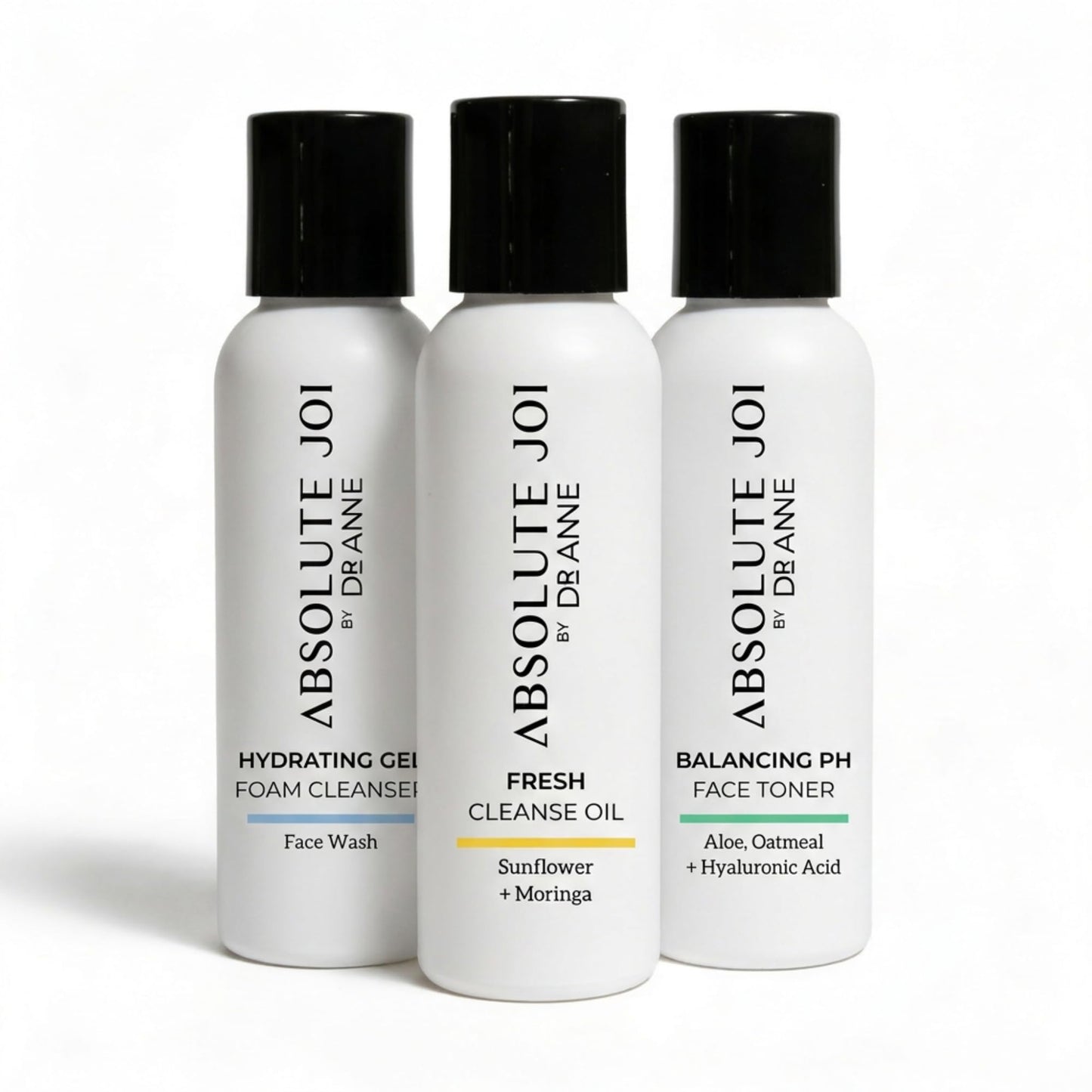 AbsoluteJOI Double Cleansing Kit in TSA Compliant Travel Size Bottles (20 ml). Three products included - Make Up Removal Cleansing Oil, Foaming Facial Cleanser & Aloe Face Toner