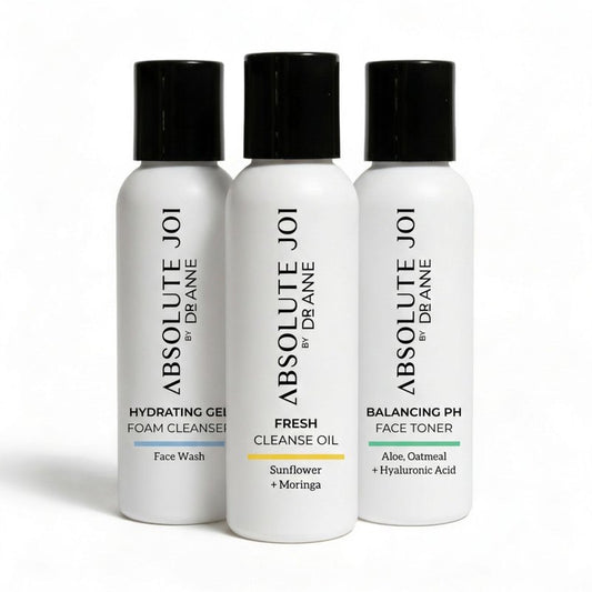 AbsoluteJOI Double Cleansing Kit in TSA Compliant Travel Size Bottles (20 ml). Three products included - Make Up Removal Cleansing Oil, Foaming Facial Cleanser & Aloe Face Toner