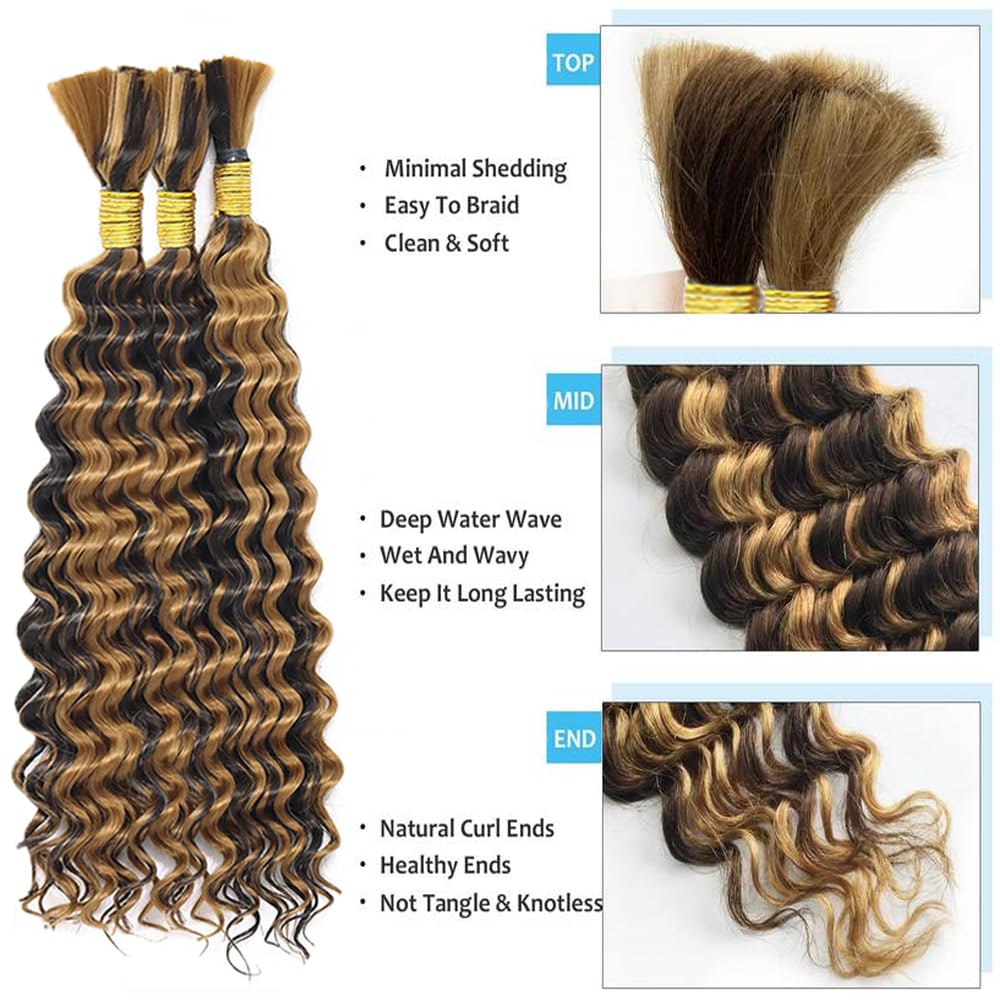 P4/27 Highlight Blonde Human Braiding Hair Deep Wave Bulk 18 18 18 Inch Brown Deep Wave Braiding Hair Extensions Unproceesed Virgin Hair 50 Gram Per Bundle 3 Bundle