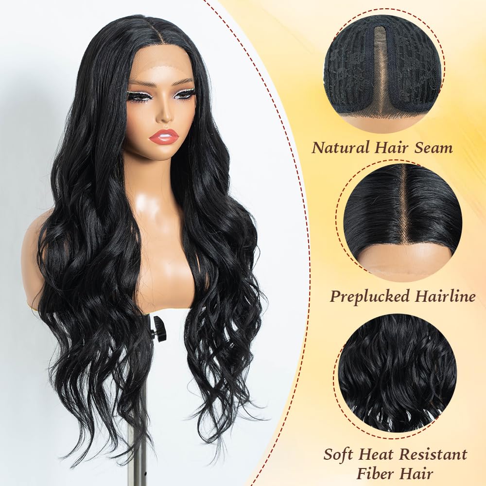 Rebecca Q Long Wavy Synthetic Lace Front Wig for Women 30 inches Middle Part Natural Hairline Heat Resistant Fiber Wigs for Daily Party (Ginger)