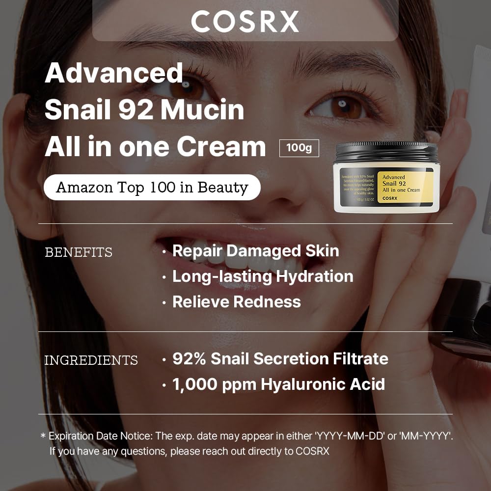 COSRX Glazed Donut Look- Snail Mucin 92% Daily Repair Moisturizer with Snail Mucin Sheet Mask (Pack of 10), Hydrating Serum for Face with Snail Secretion Filtrate for Dark Spots and Fine Lines