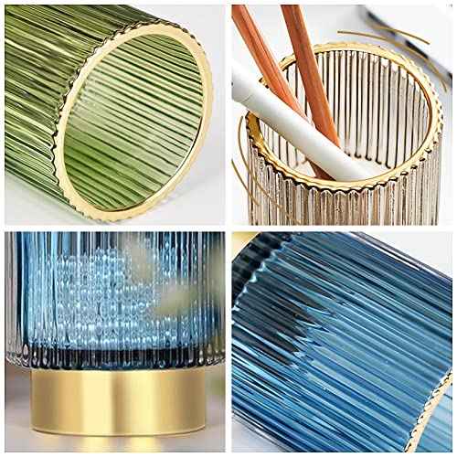 DASITON Makeup Brush holder Organizer, Crystal Cosmetic Makeup Brush Glass Brushes Storage Holder, Vintage Make Up Brush Cup Pen Pencil Holder striped vase(Green S+L)