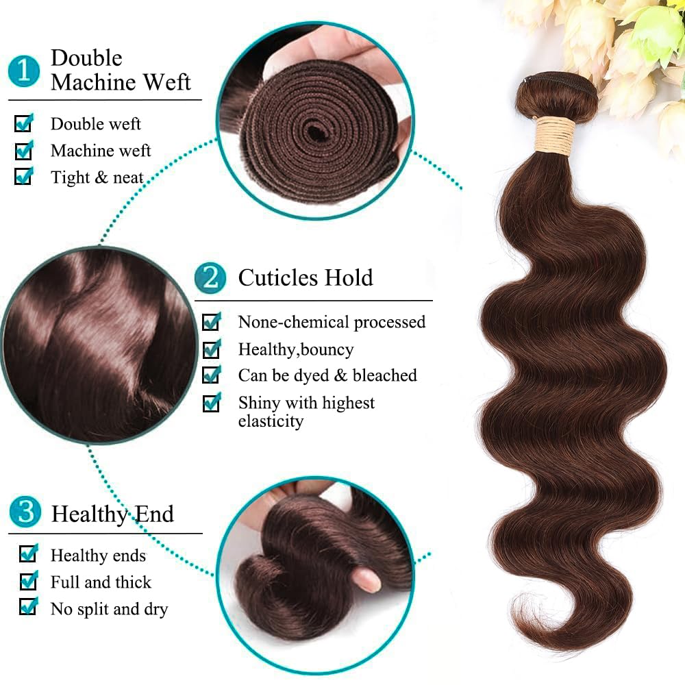 ALLRUN 16 Inch Brown Human Hair Bundle Body Wave 1 Pc - 100% Unprocessed Brazilian Virgin Hair Extensions Chocolate Brown Bundles Human Hair 4# Color (12A)