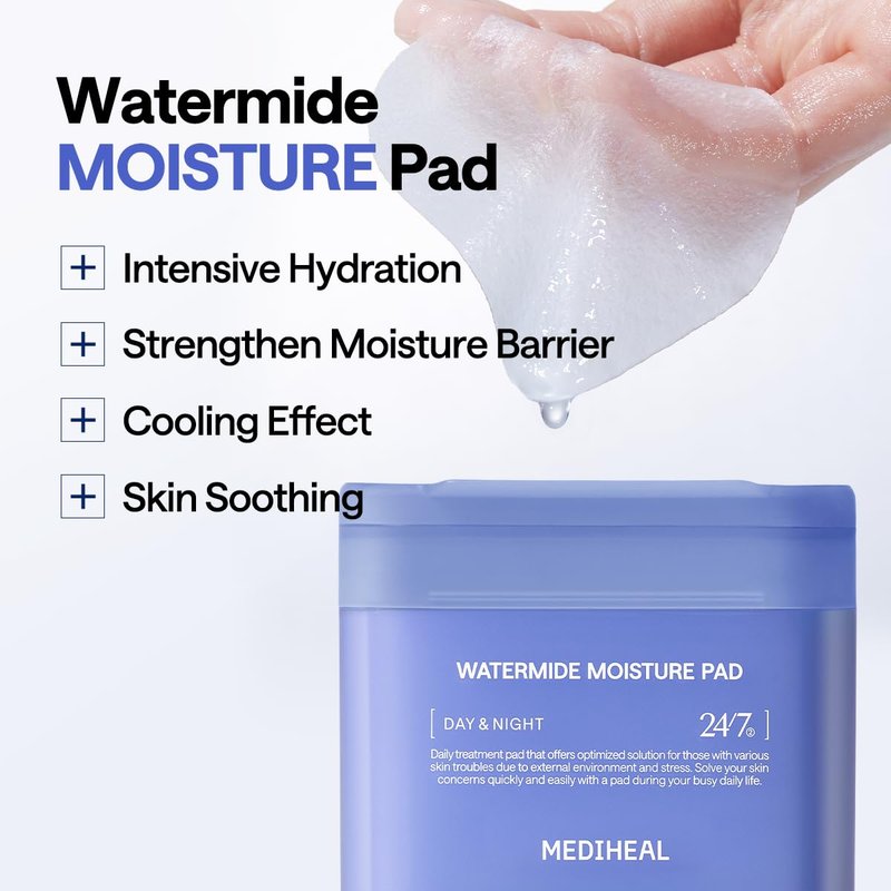 MEDIHEAL Toner Pads - Watermide Moisture Pad (100 count) for Intensive Hydration & Soothing - Contains Squalane to Increase Absorption Rate - Vegan Derma Gel Texture Pad, Korean Skin Care