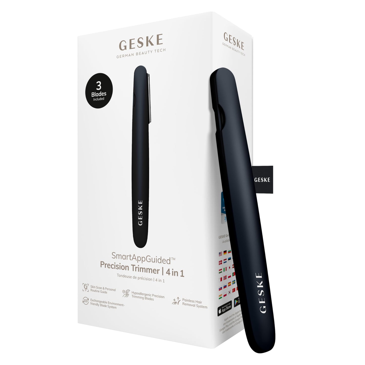 GESKE Precision Trimmer | 4 in 1 | Painless, Hygienic Hair Remover | Precise Hair Trimmer Tool | Face & Body | Men & Women | Grooming Device | Hypoallergenic, Easy-to-exchange Blades | All Skin Types