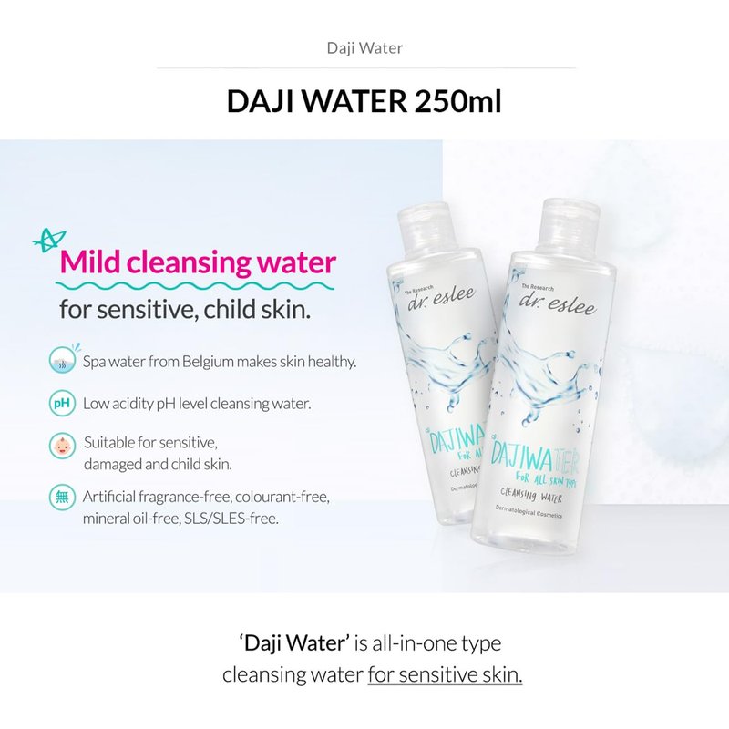 Dr Eslee Cleansing Water Daji Water 250ml – Mild and Gentle Dermatological Facial Cleanser for Makeup Removal | pH Balanced | Ideal for Sensitive & Damaged Skin | Korean Skincare