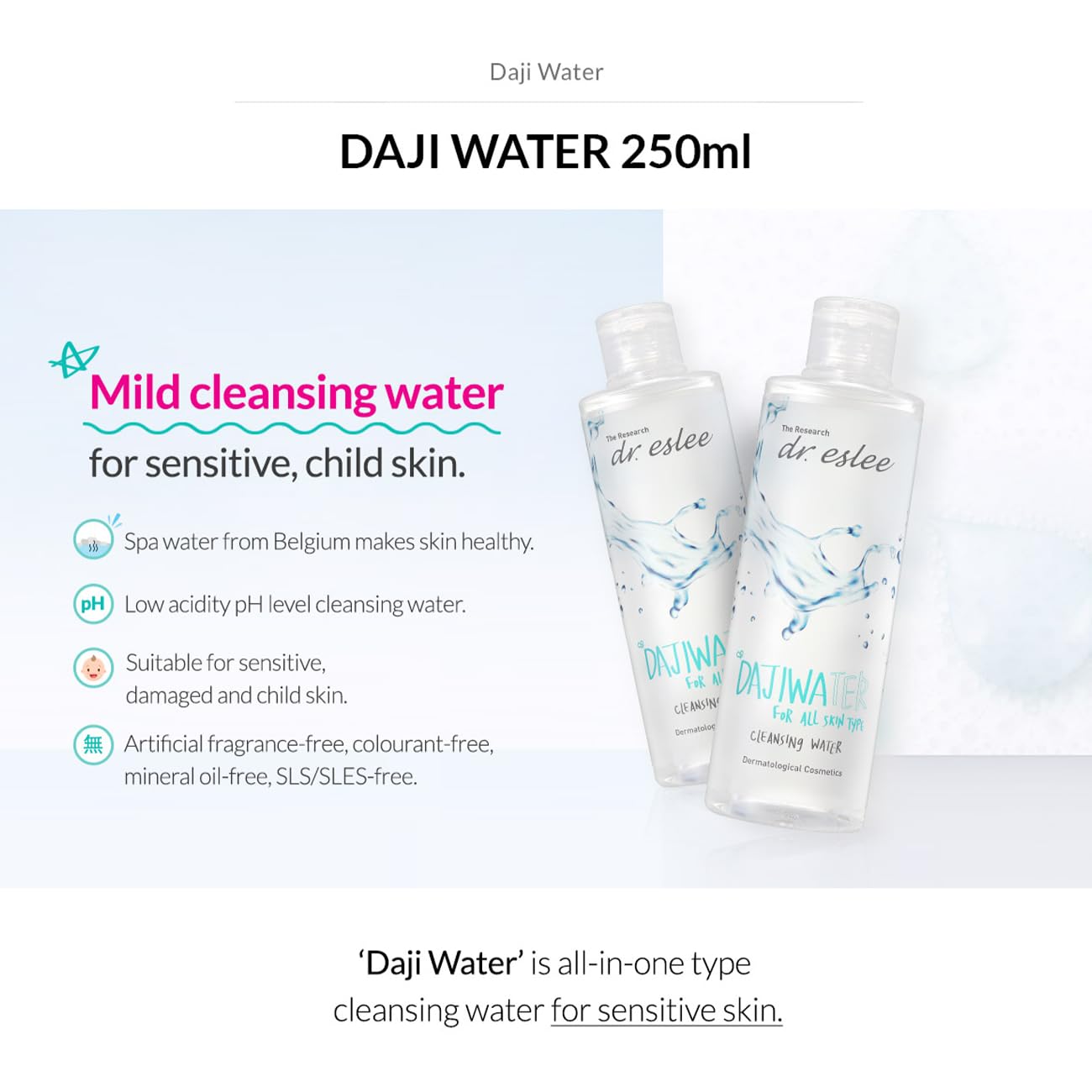 Dr Eslee Cleansing Water Daji Water 250ml – Mild and Gentle Dermatological Facial Cleanser for Makeup Removal | pH Balanced | Ideal for Sensitive & Damaged Skin | Korean Skincare