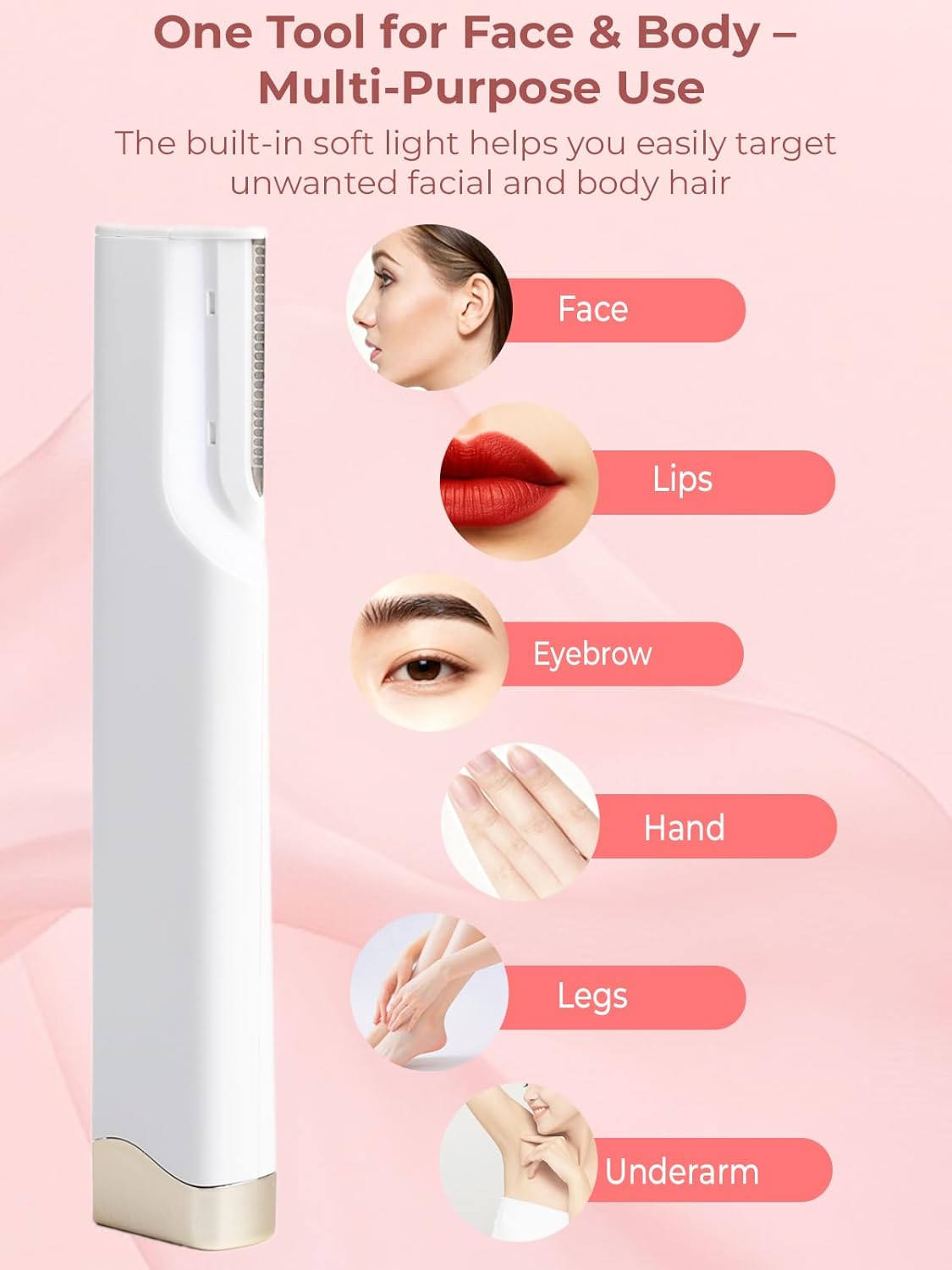 Dermaplane Facial Razor - Electric 3-Speed Sonic Hair Removal Tool with LED Light | USB-C Rechargeable, 5 Replacement Heads