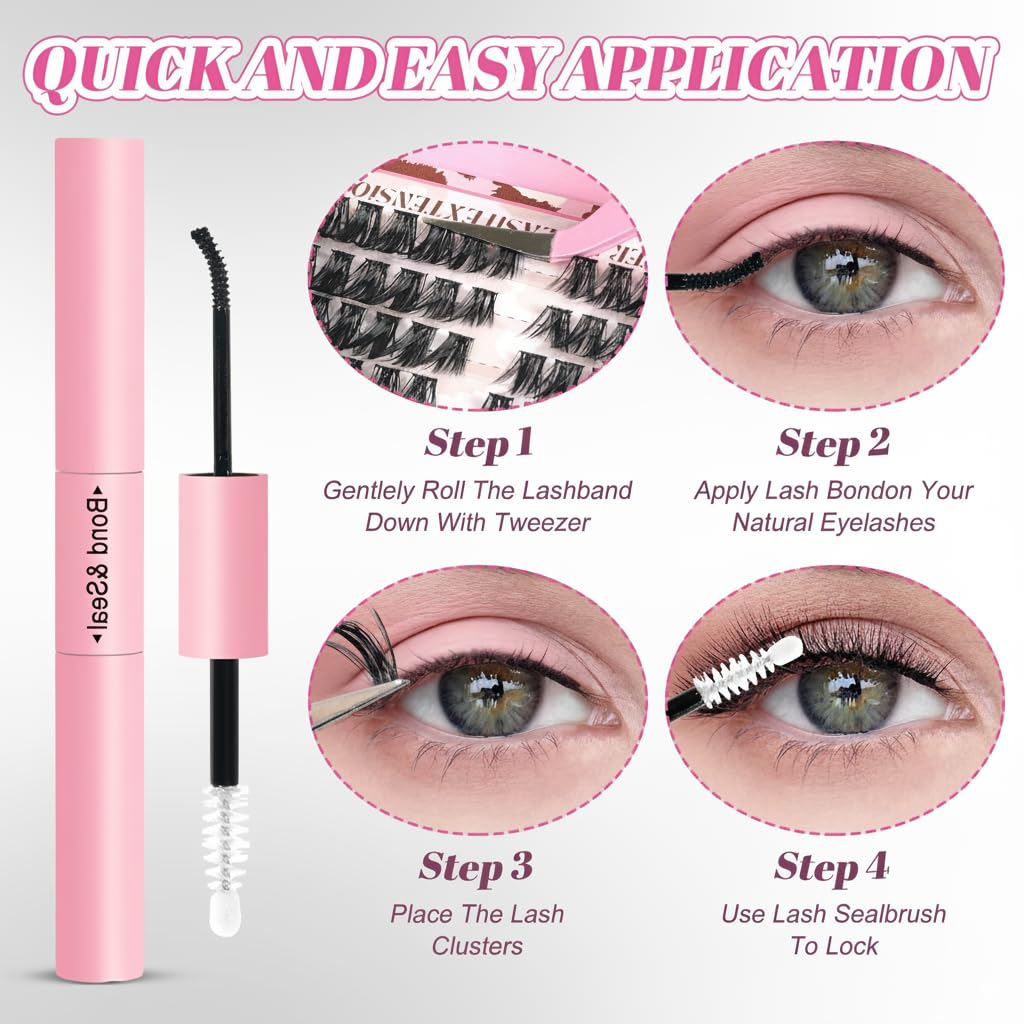 Lash Clusters Kit, Natural 560 Pcs Cluster Eyelash Extensions Kit 9-16mm Individual Lash Extensions Kit D Curl Fluffy Wispy False Eyelashes 40D+60D+80D Kit,With Bond & Seal Tweezers Brush for beginner