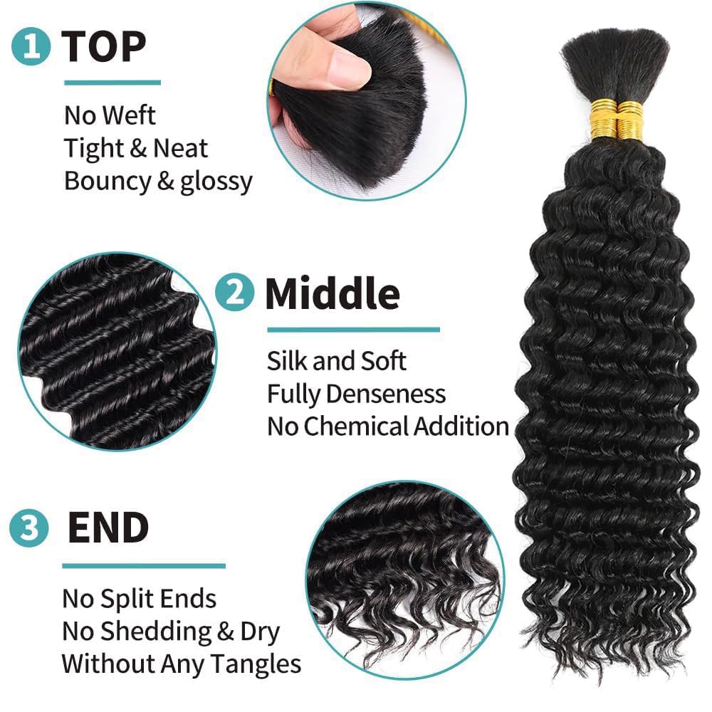 Human Braiding Hair 2 Bundles/Pack 100g Deep Wave Human Bulk Hair for Braiding No Weft 10A Brazilian Virgin braiding Hair for Boho Braids Extensions (Natural Color, 14 inch)