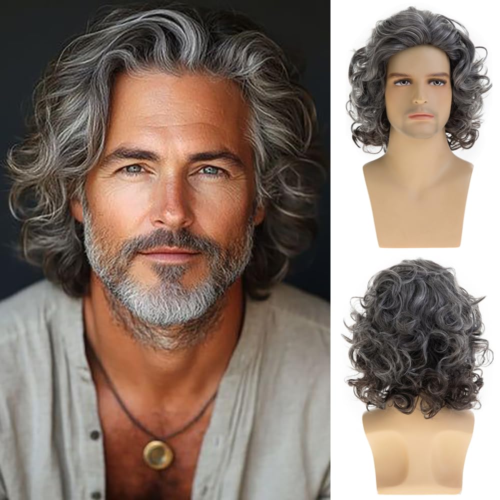 Dsimeig Men's Wig Grey Short Wavy Fluffy Cosplay Hair Wigs for Party Halloween Use