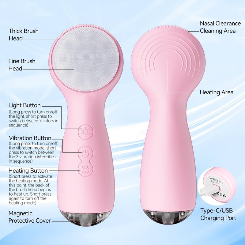 Electric Facial Cleansing Brush - Rechargeable Waterproof Exfoliator with Heat & Vibration | Deep Cleansing & Massage for Men & Women (Pink)