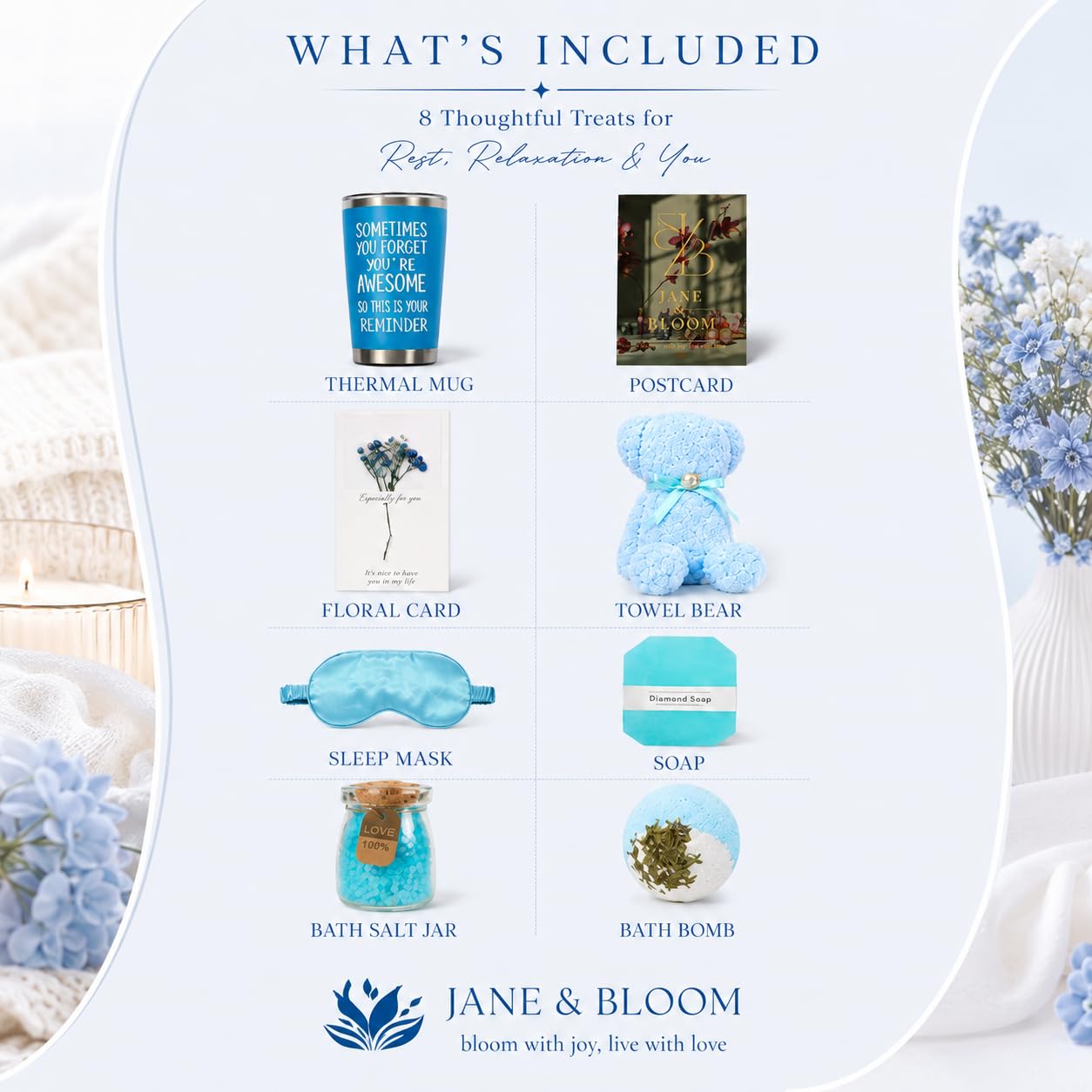 Spa Gift Box for Women - 7-Piece Self-Care Set with Bath Bombs, Diamond Soap & Gold Sleep Mask | Ocean Blue