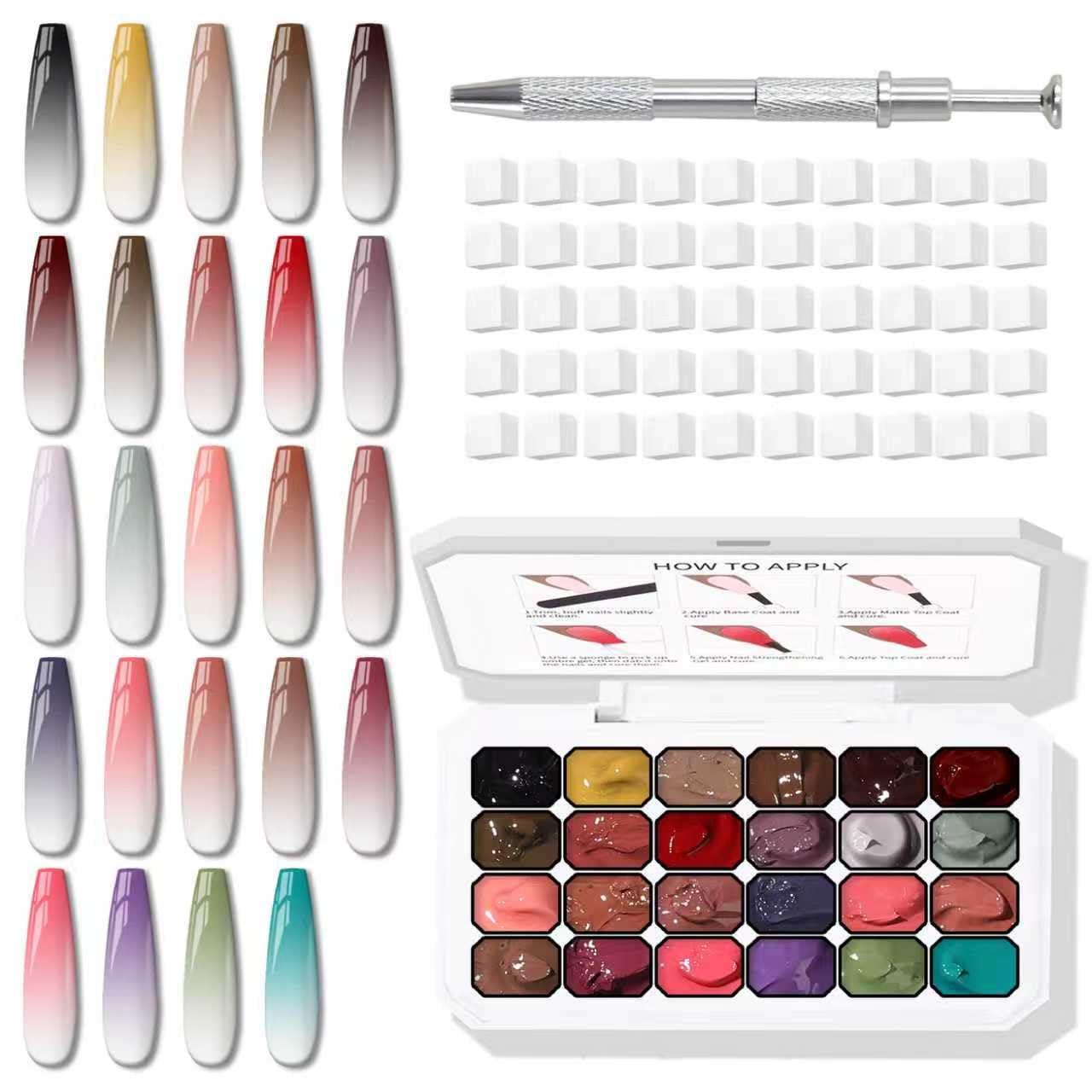24 Colors Sponge Pat Paint Nail Gel, Pat Painting Gel Polish for Drawing Striper Liner Floral Ombre Blush Blooming Aura Nails Art DIY, UV/LED Cured, No Wipe, 100 Sponges Grabber Pen(24 Colors B)