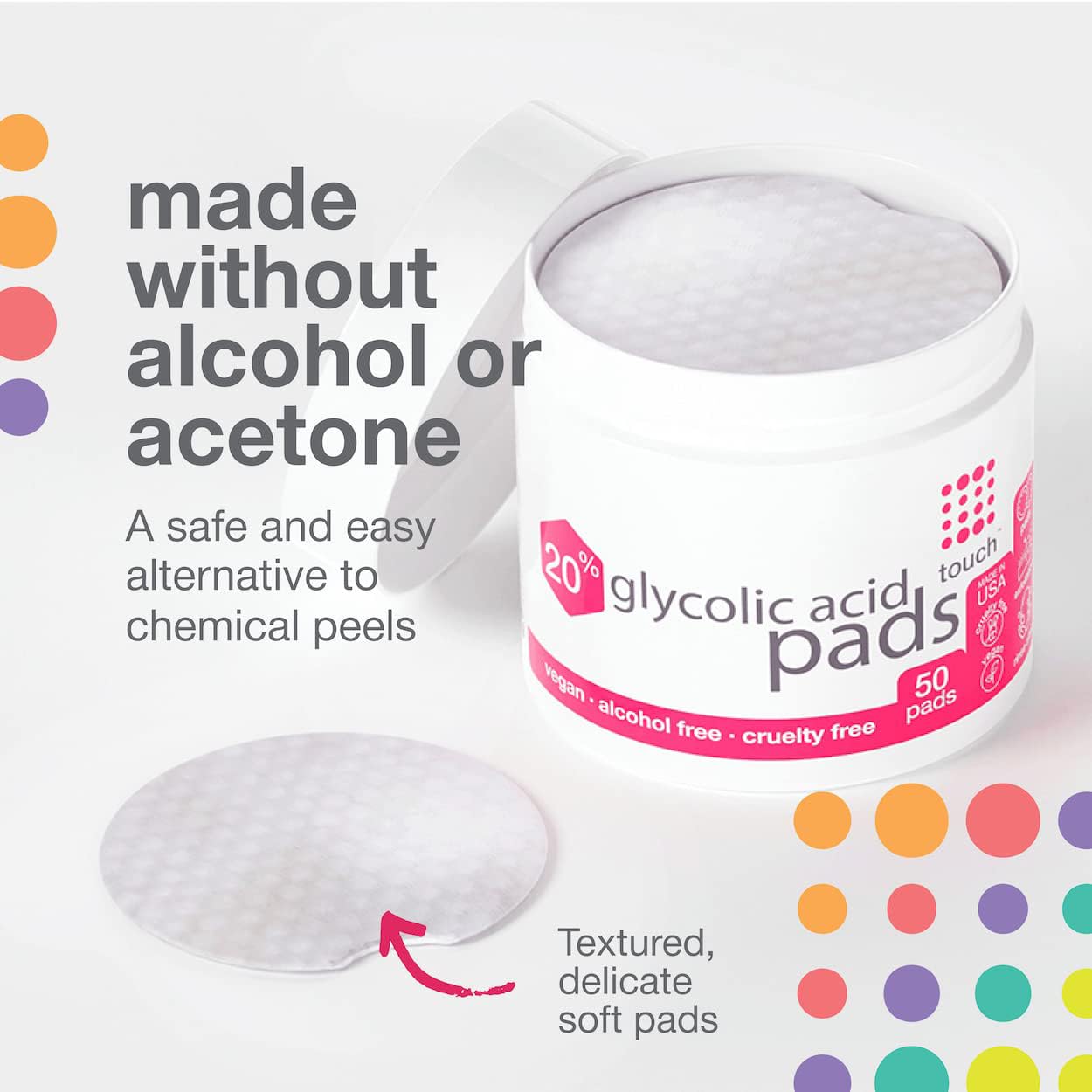 TOUCH 20% Glycolic Acid Pads Exfoliating And Resurfacing AHA Peel Face Wipes - Great for Dullness, Pores, Scars, Fine Wrinkles, Uneven Skin Tone & Texture, 50 Count