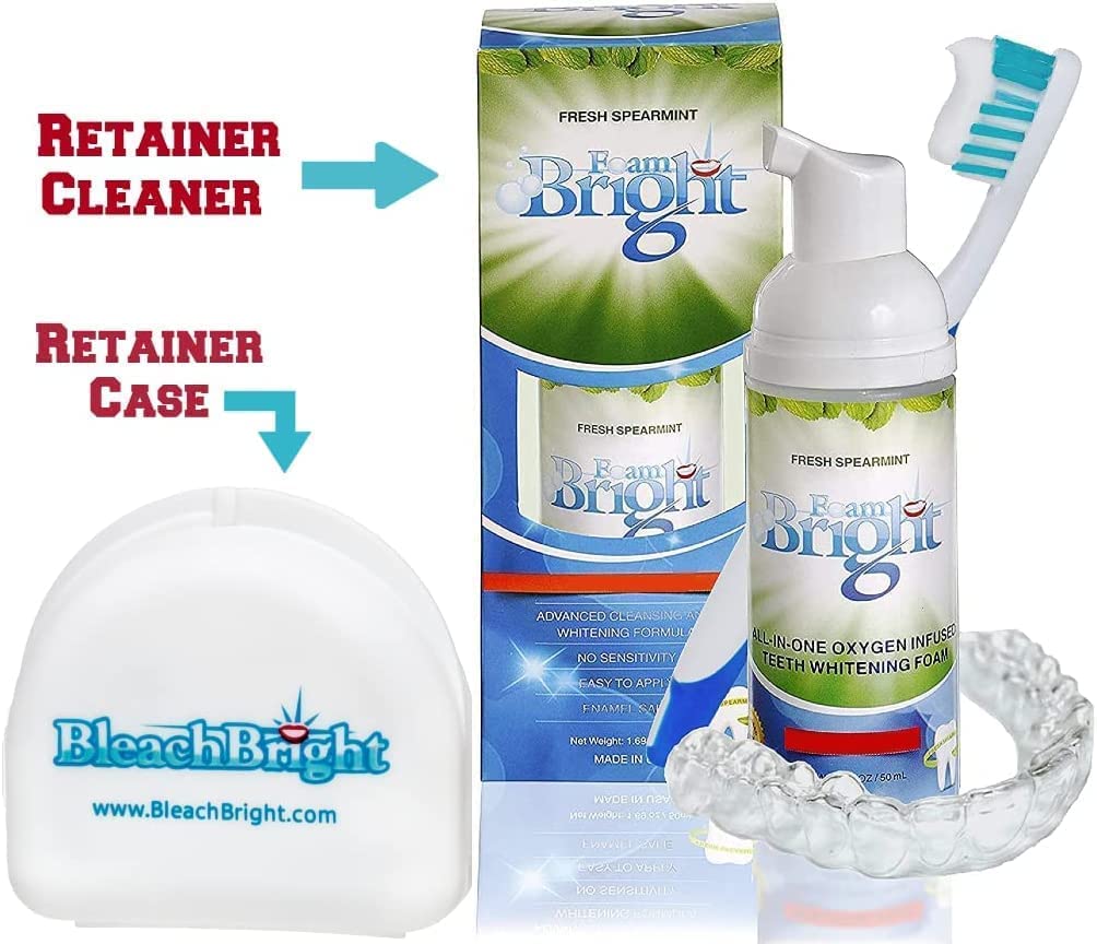 Retainer Cleaner & Aligner Cleaner FoamBright + Travel Retainer Case Kit | Great for Invisalign Aligners, Candid, Byte, Denture Cleaner | Whitens Teeth, Peroxide Free Oral Care | No Tablets Needed