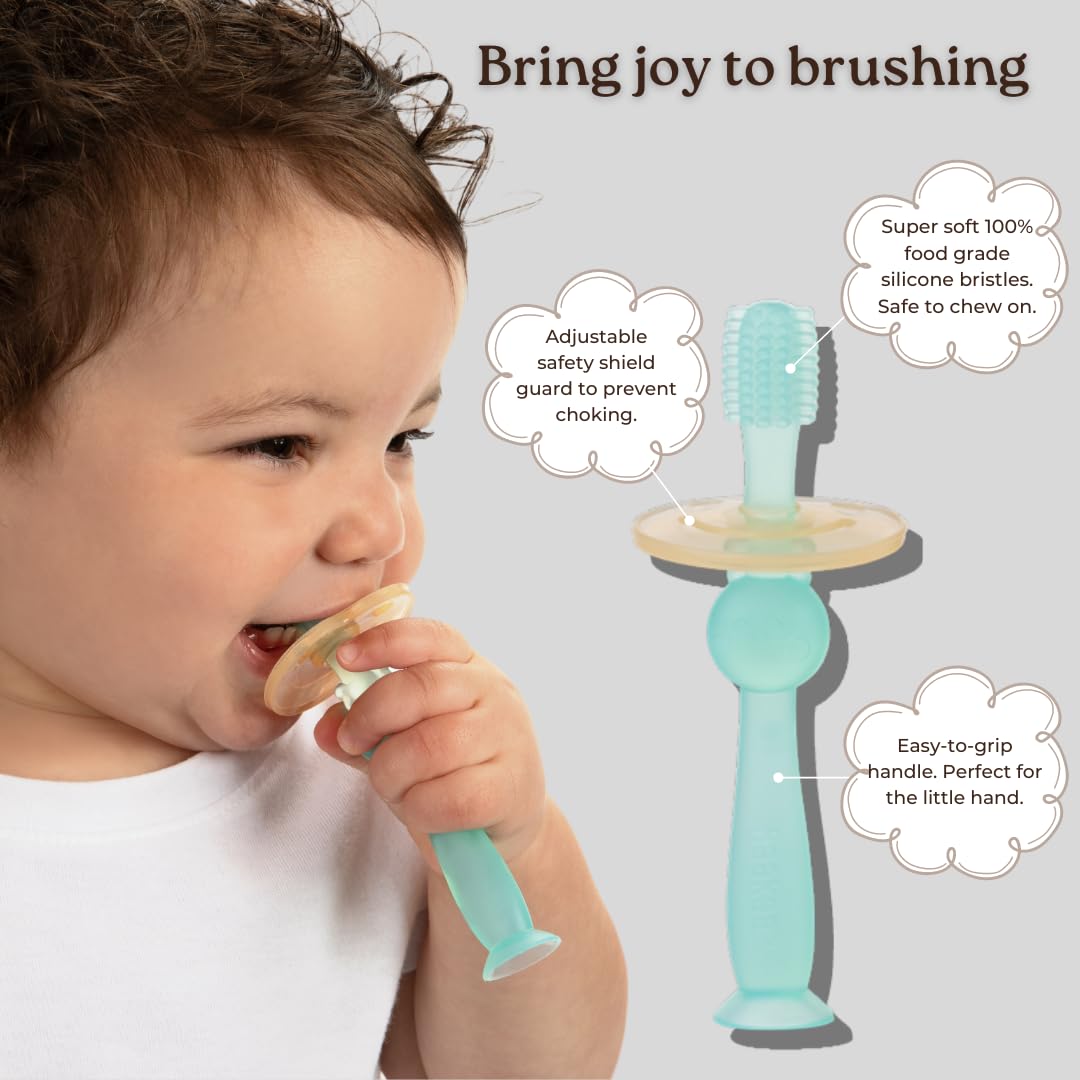 Haakaa 360° Silicone Baby Toothbrush – 100% Soft Food Grade Silicone, BPA-Free, Suction Base, Safe for Babies 6 Months+, Gentle Gum and Teeth Cleaning for Infants, Gum Massager (Pink)