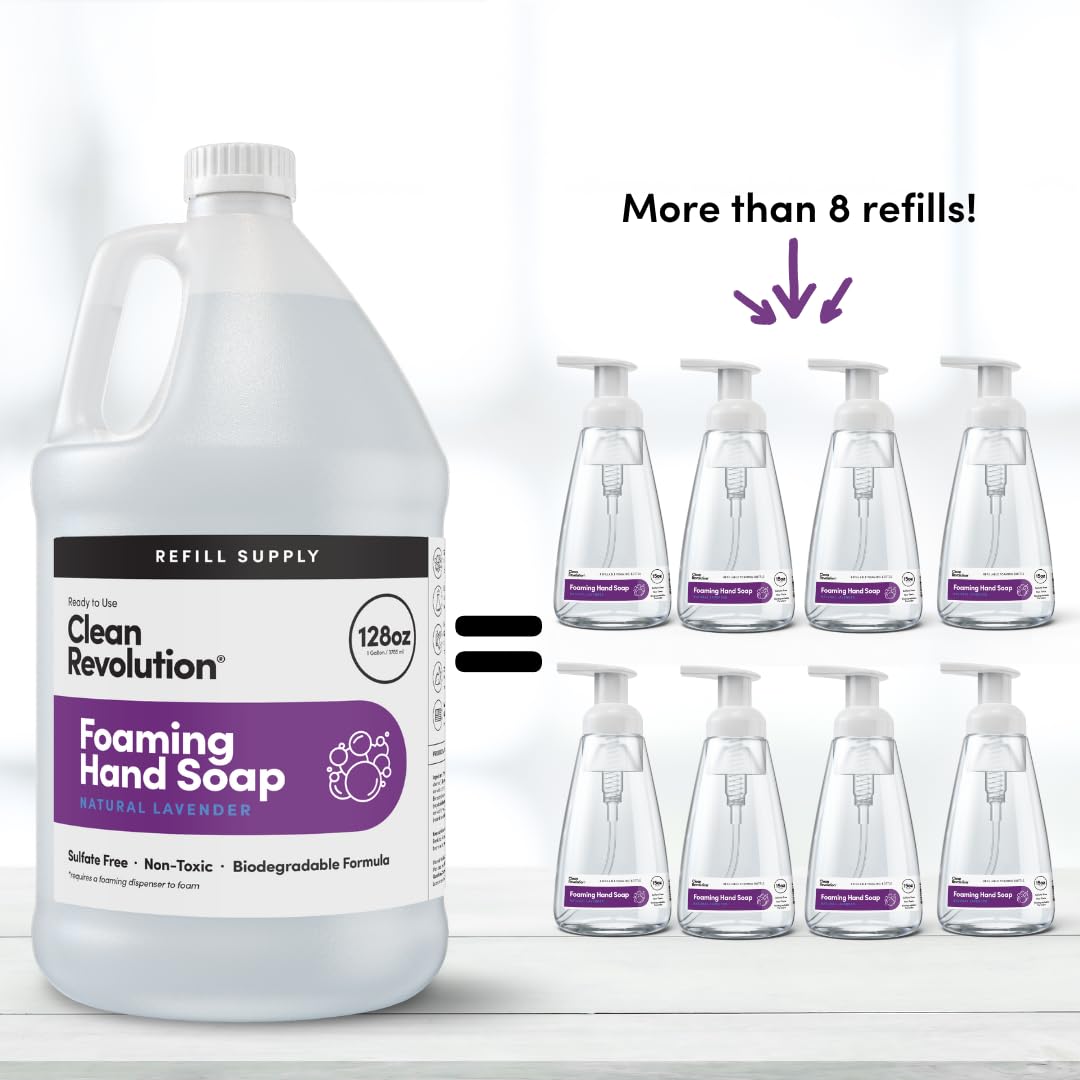 Clean Revolution Foaming Hand Soap Refill with Real Essential Oils, Moisturizing Sulfate-Free Hand Soap, Ready-to-Use Foam Soap Refill for Kitchen & Bathroom (Natural Lavender, 128oz)