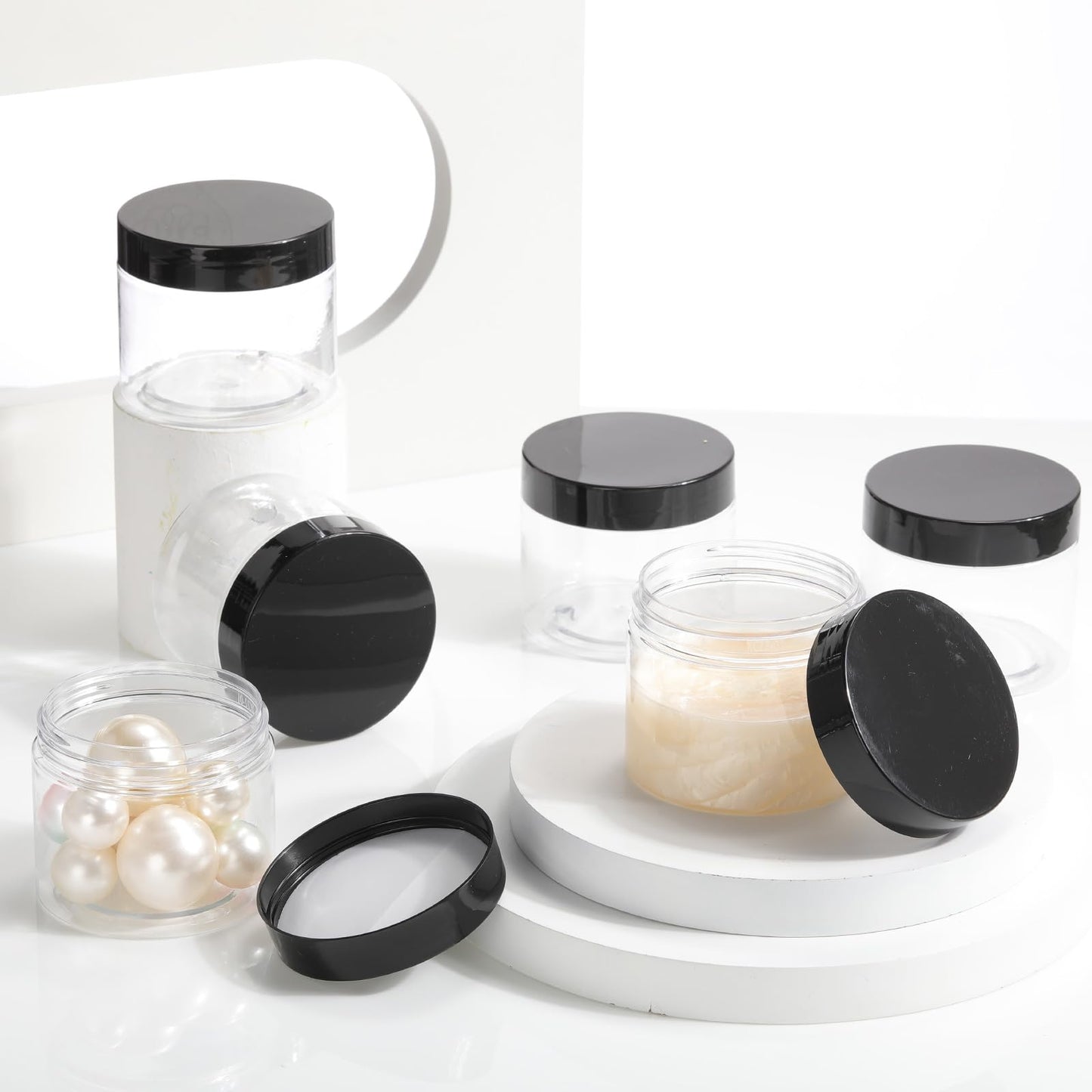 Patelai 60 Pcs Plastic Containers with Lids, Round Leakproof Cosmetic Containers, Multipurpose Storage Jars for Makeup, Lotion, Ointment, Rhinestone Samples, Dry Food and Toiletries(Black,6 oz)